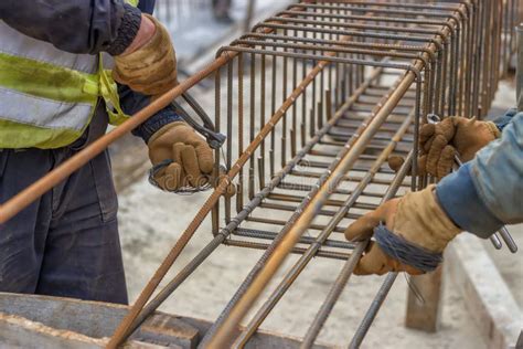 Workers Hands Fixing Steel Reinforcement Bars Stock Photo Image 41260836