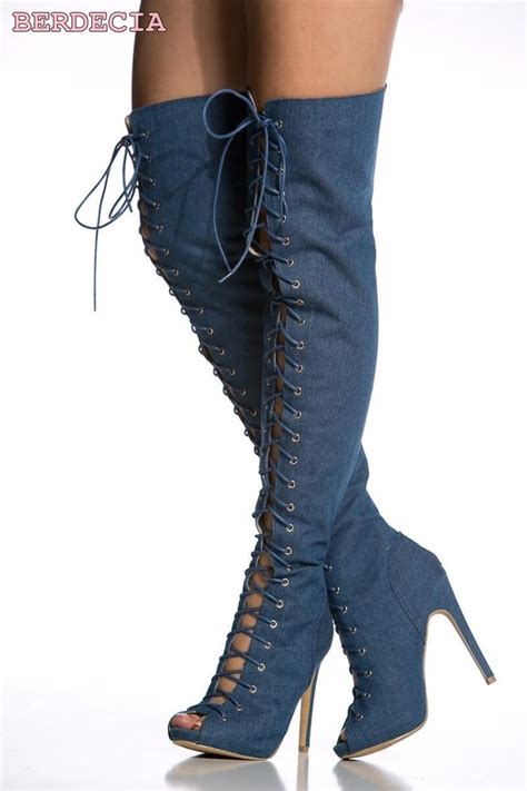 runway ladies lace up blue denim over the knee long boots peep toe thigh high stiletto heel