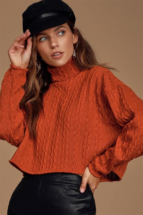 Rust Orange Turtleneck Sweater Cropped Sweater Sweater Lulus