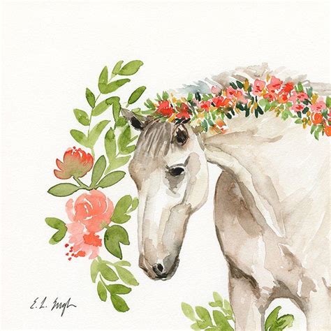 Original Watercolor Horse With Flowers Painting Watercolor Horse