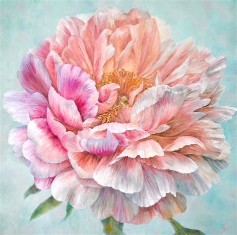 Print Pink Peony Oil Painting Coral Big Flower Peonies Art Etsy
