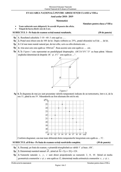 Primul subiect la matematică a constat în teste grilă cu o singură variantă corectă de răspuns, iar la subiectul al doilea elevii au avut găsit răspunsul corect al unor probleme de geometrie. Subiecte Simulare - Evaluare Nationala 2019 - proba la Matematica - clasa a VIII-a