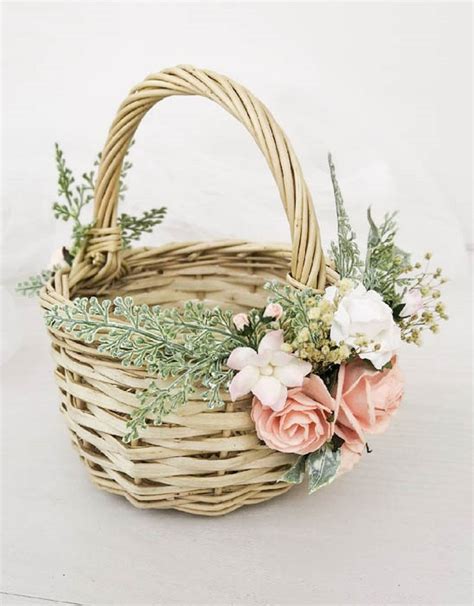 Flower Girl Basket Wicker Baskets With Pink Flowers Rustic Etsy In