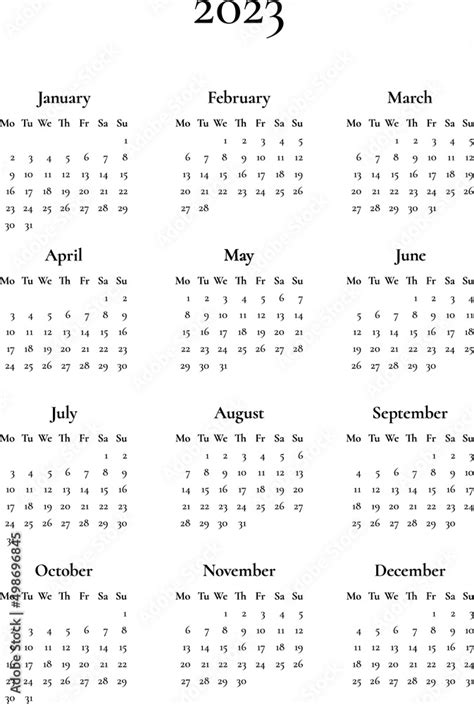 2023 Yearly Calendar 12 Months Large Wall Vertical Calendar Monday