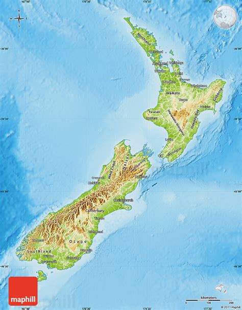 The map shows the islands of new zealand, the location of the national capital wellington, region capitals map of new zealand, australia/oceania. Physical Map of New Zealand, single color outside