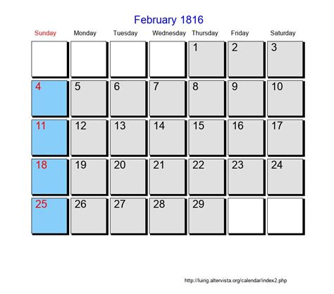 February 1816 Roman Catholic Saints Calendar