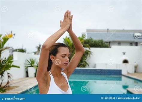 Woman Performing Yoga Near Swimming Pool In The Backyard Stock Image Image Of Lifestyle Life