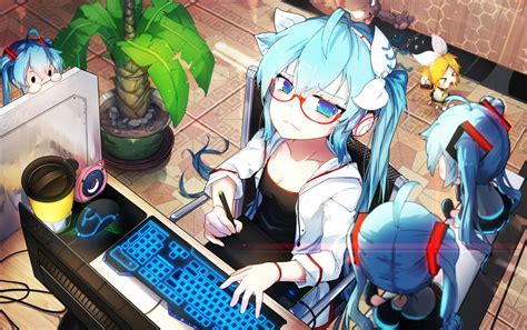 Long Hair Anime Anime Girls Blue Hair Blue Eyes Glasses Vocaloid Hatsune Miku Keyboards