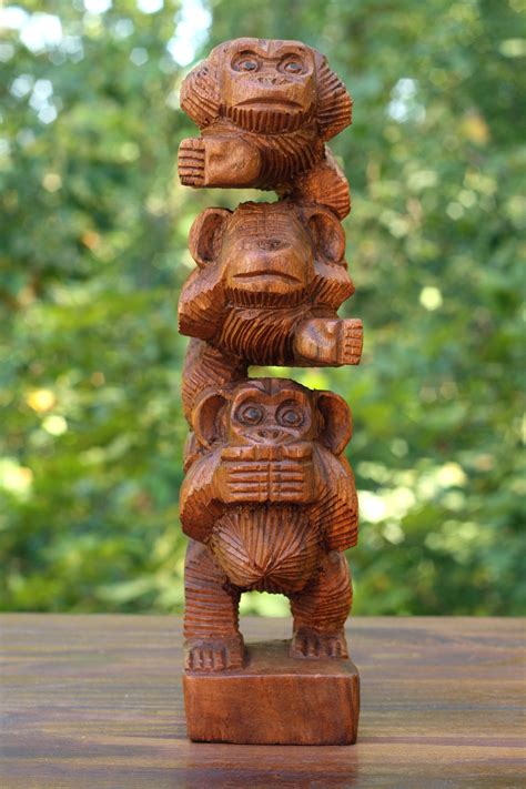 Wooden Hand Carved Stacked Monkeys See Hear Speak No Evil Figurines