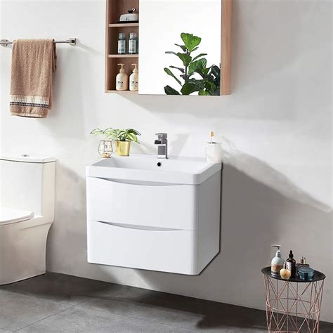 Nrg 600mm Gloss White 2 Drawer Wall Hung Bathroom Cabinet Vanity Sink