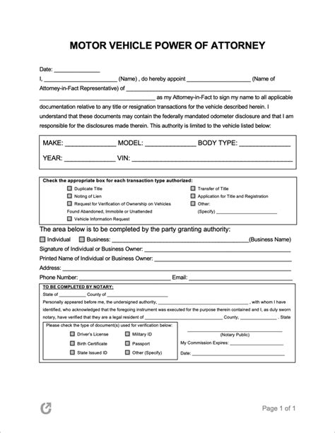 Motor Vehicle Power Of Attorney Forms Pdf Templates Power Of Attorney
