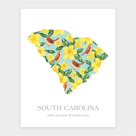 South Carolina Wall Art Sc Art Print Bird And Flower Decor Etsy