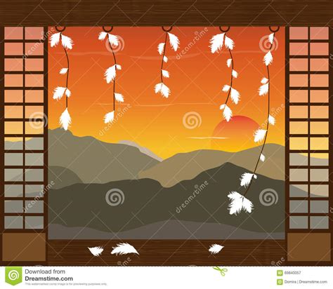 Abstract Japanese Landscape of the Mountains and the Sunset. Vector