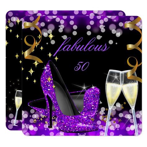 50 fabulous purple glitter high heel 50th birthday invitation 50th birthday