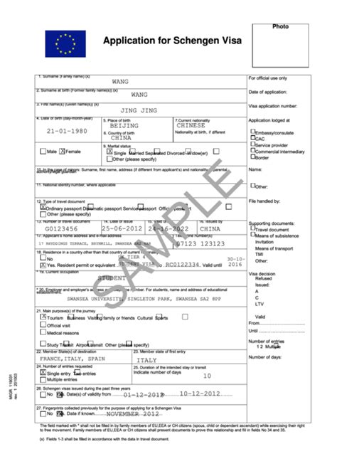 Sample Schengen Visa Application Form Filled Fill Online Printable