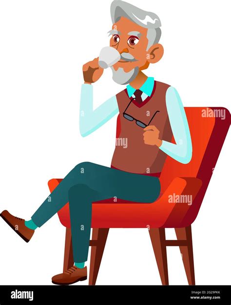 Elegant Old Man Drinking Coffee In Living Room Cartoon Vector Stock
