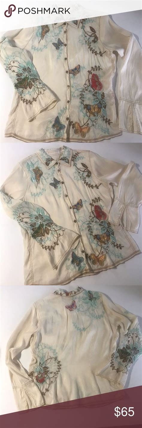 Embroidered Butterflies Silk Blouse Bell Sleeves L Embroidered