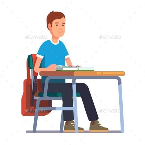 Teen Student Boy Sitting At His School Desk Classroom Clipart