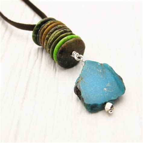 Natural Turquoise Leather Boho Necklace Deerskin Lace Long Etsy