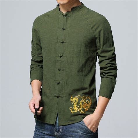 Delightful Golden Dragon Embroidery Chinese Shirt Green Chinese