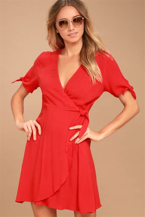 Cute Red Dress Short Wrap Dress Short Sleeve Dress