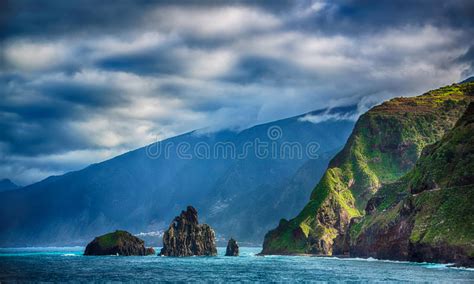 Black Rocks In The Ocean And Coastline Of Madeira Island Stock Image