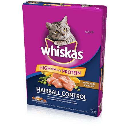 This food helps your cat's hairball problems by providing a great source of fiber. WHISKAS® Hairball Control with Chicken | WHISKAS®