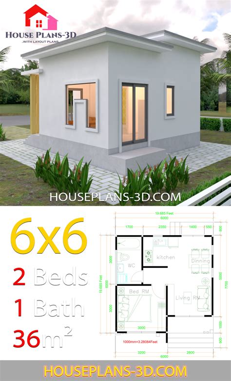 House Plans 6x6 With One Bedrooms Flat Roof House Plans 3d