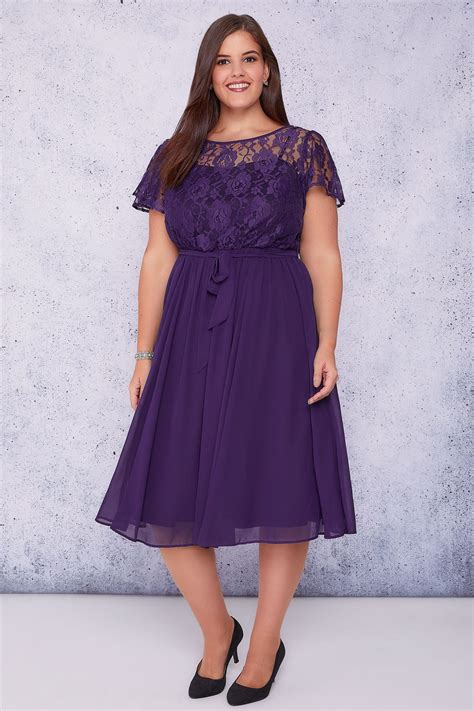 Scarlett And Jo Dark Purple Midi Dress With Lace Top And Pleated Skirt