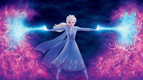 The Frozen Queen Is Standing In Front Of Two Bright Blue And Pink Fireworks