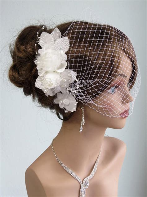 Wedding Ivory Headpiece With Bridal Birdcage Veil Fascinator Wedding