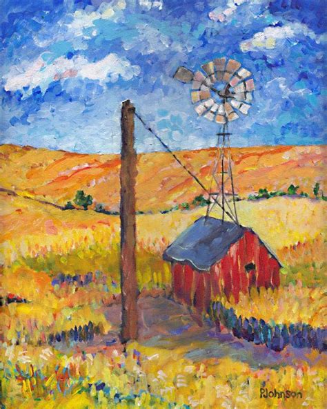 Windmill Gold Wheat Field Farm Landscape Impressionistic Etsy