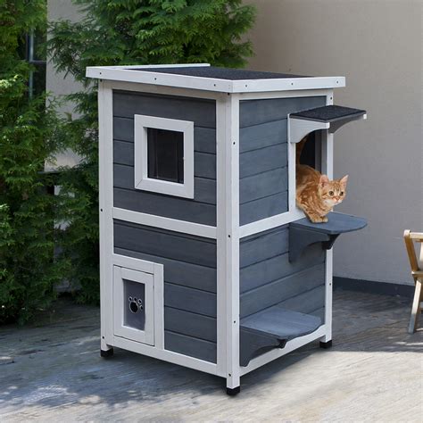 Outdoor Solid Wood 2 Floor Cat Condo Pet House Kitten Shelter With