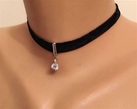 Crystal Dainty Choker Necklace Suede Leather Necklace Black Jewelry