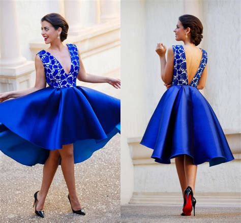 2017 Royal Blue Short Prom Dresses Hi Lo Sexy Deep V Cocktail Party Dresses Lace Satin Connected