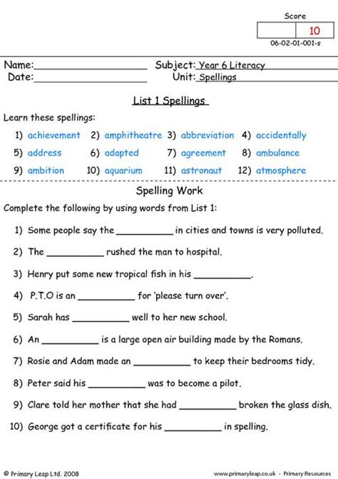Literacy Spelling List 1 Worksheet Uk