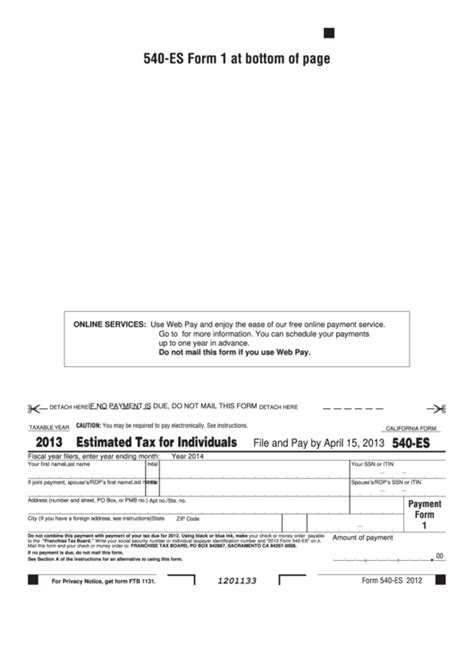 Fillable California Form 540 Es Estimated Tax For Individuals 2013