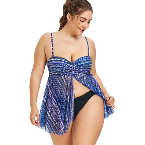 Buy 5xl Plus Size Geometric Front Slit Tankini Set Women Two Piece Swimsuit