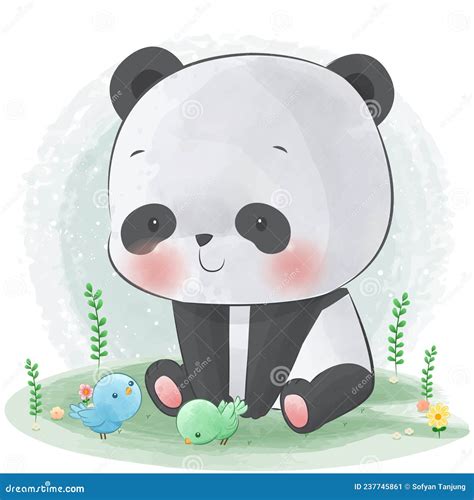 Cute Panda Watercolor With Birds Stock Vector Illustration Of Drawing