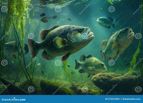 Largemouth Bass Fish Underwater Lush Nature By Generative Ai Stock