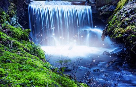 Magic Fairytale Waterfall With Lights In The Woods — Stock Photo