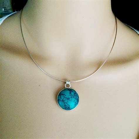 Turquoise Pendant Necklace Choker Sterling Silver December Birthstone