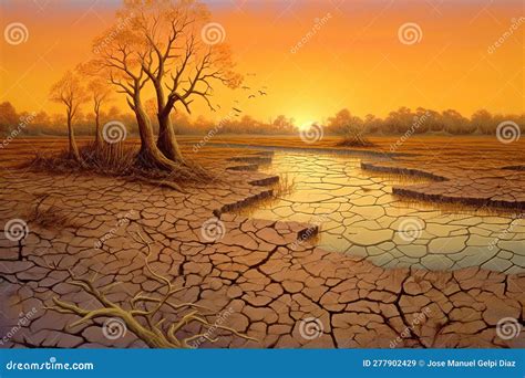 Dry Land At Sunset Representing Drought And Lack Of Water Climate