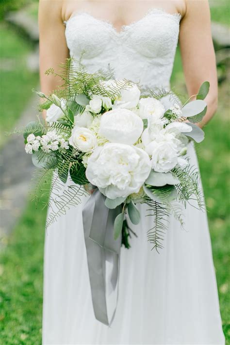 White And Green Wedding Bouquet With Gray Ribbon Photo