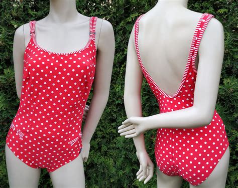 Vintage Red Polka Dot One Piece Swimsuit Bright Monokini Etsy De