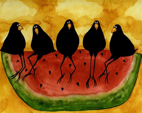 Hubbs Art Folk Prints Whimsical Funny Bird Crow Blackbirds Picnic Watermelon Painting By Debi Hubbs