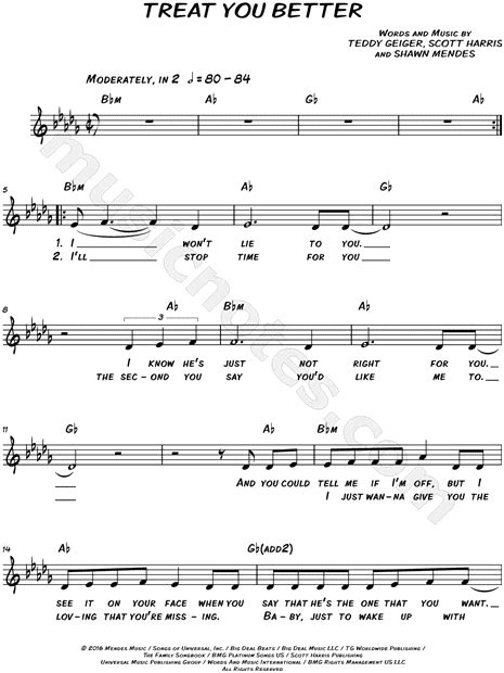 Shawn Mendes Treat You Better Sheet Music Leadsheet In Bb Minor