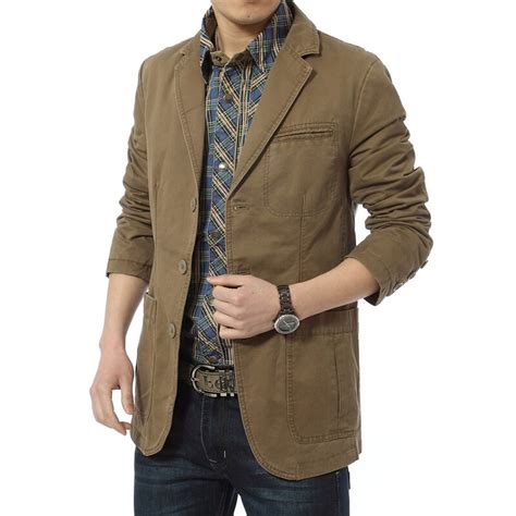 Blazer Men Casual Suit Cotton Denim Parka Mens Slim Fit Jackets Army Green Khaki Large Size