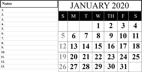 Fillable January 2020 Calendar Calendar Template Printable