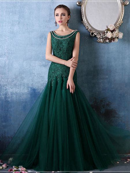 Forest Green Elegant Mermaid Fitted Lace Formal Evening Prom Dress X